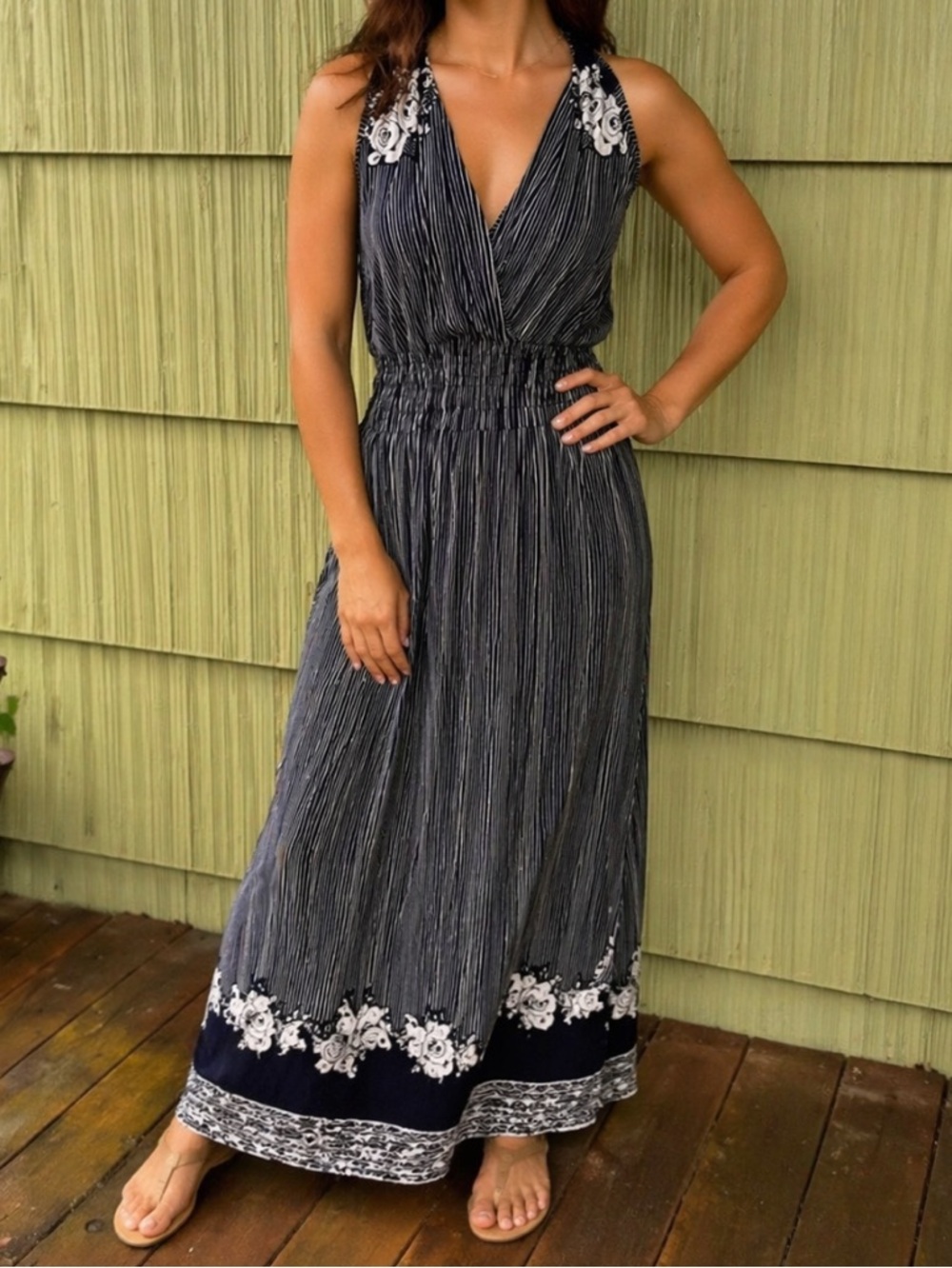 Striped Navy Floral-Trim Maxi Dress - Unbranded